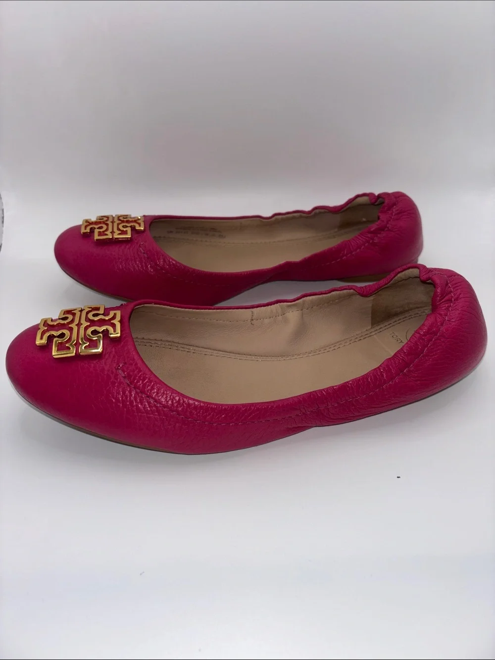 Tory Burch Hot Pink Leather Logo Ballet Flats with Gold Emblem